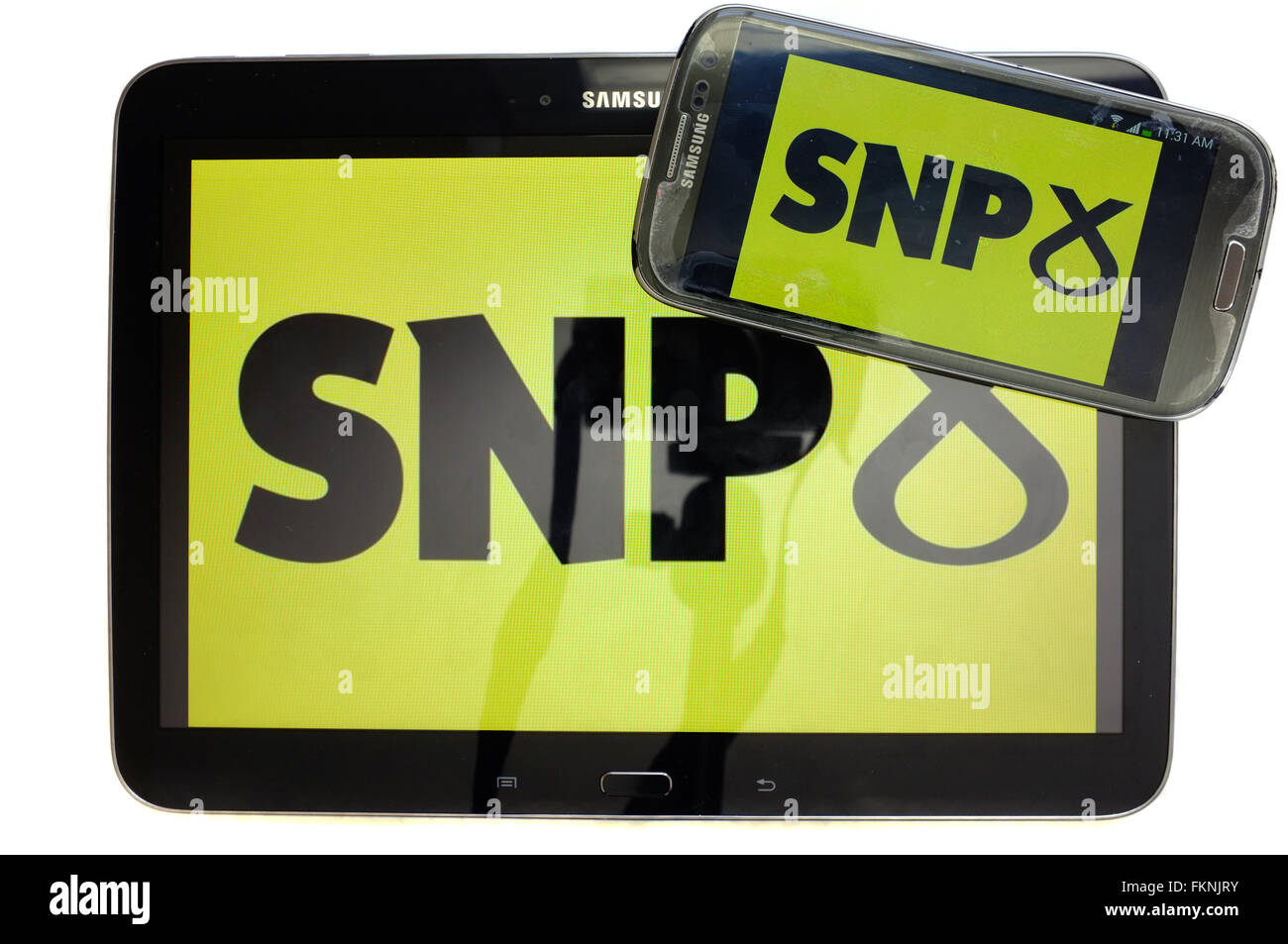 The SNP logo displayed on the screens of a tablet and a smartphone against a white background. Stock Photo