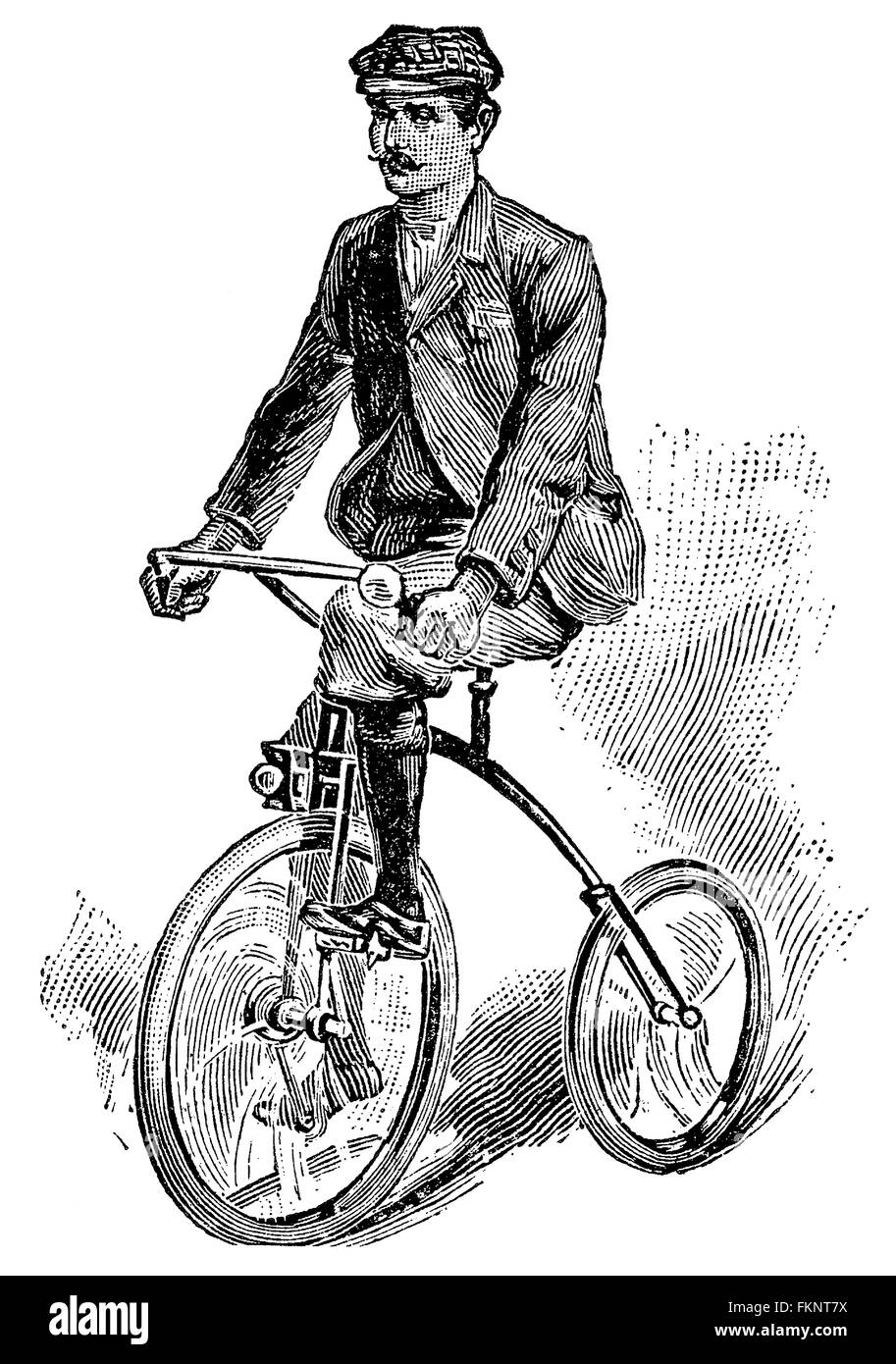 Black and white engraving of a Victorian gentleman riding a bicycle. Stock Photo