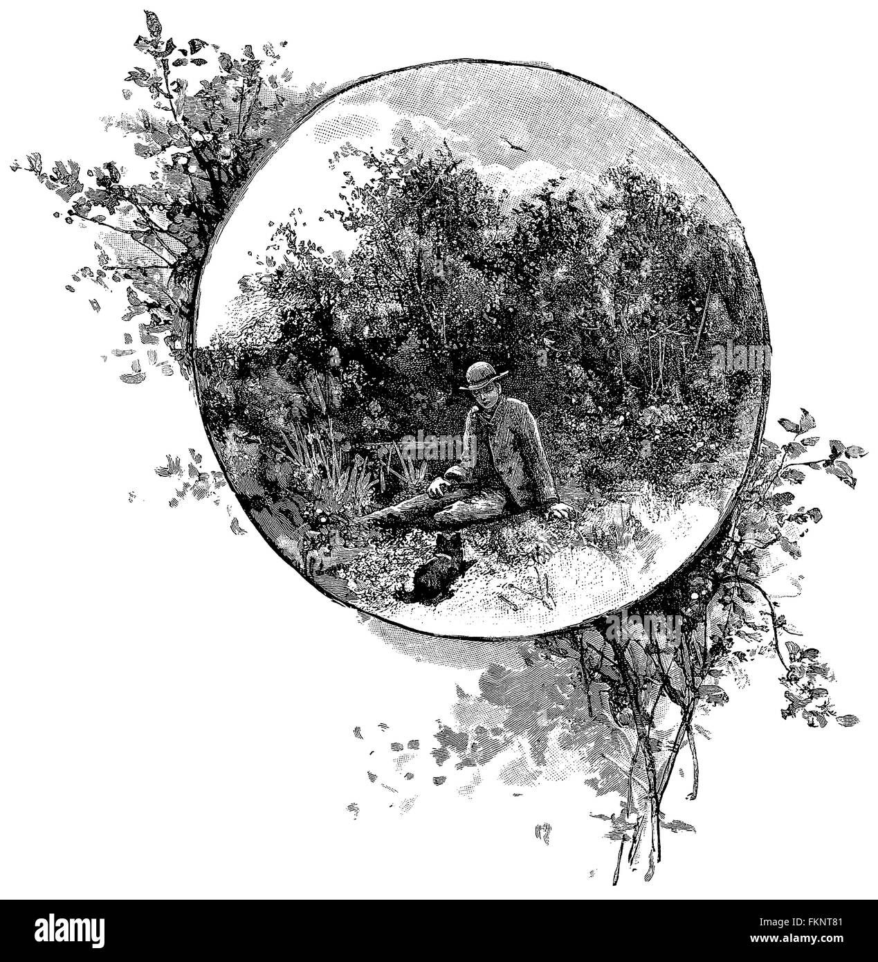 Black and white engraving of a man sitting by the riverside with his ...