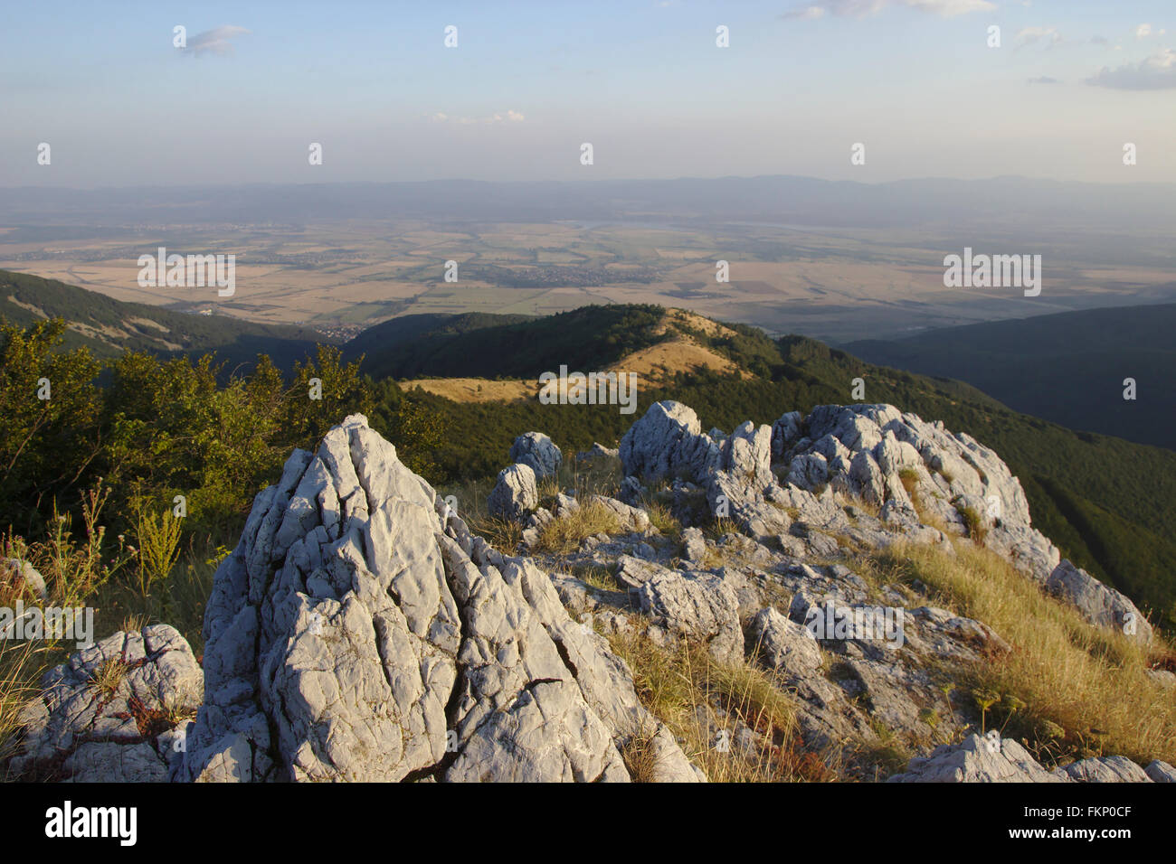 View from the Freedom Monument on Shipka Pass into the Rose Valley, evening light, Central Balkans, Bulgaria Stock Photo