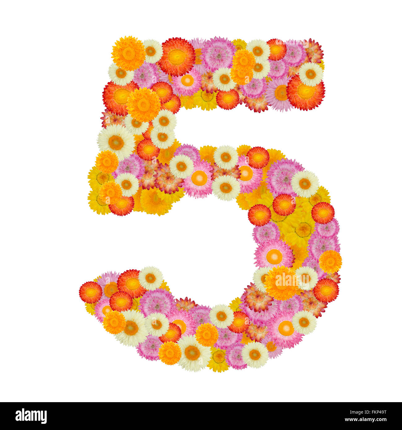 flower number five. Floral element of colorful alphabet made from straw Stock Photo