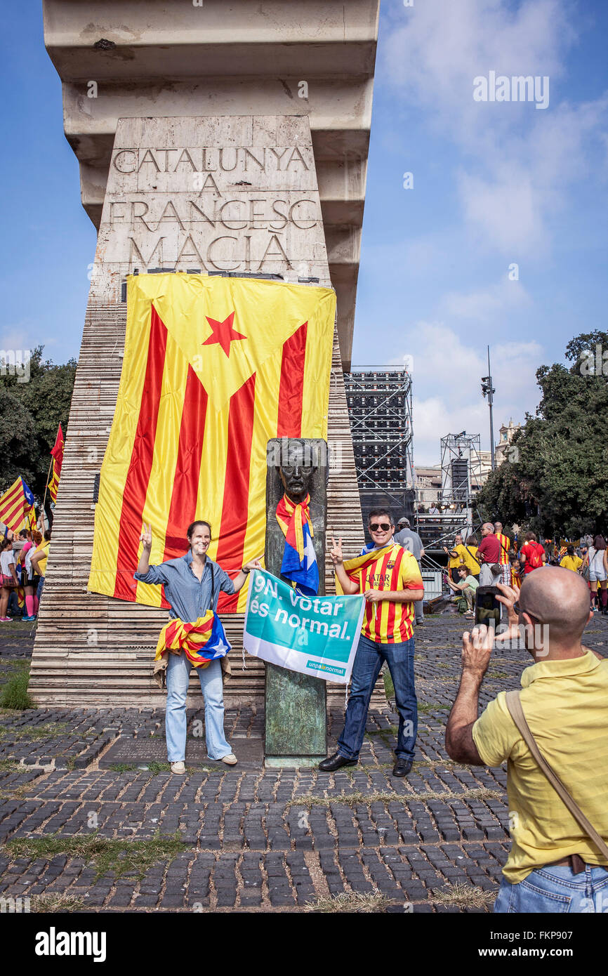 protesters in Francesc Macia monument, during political demonstration for the independence of Catalonia. Catalunya square.Octobe Stock Photo