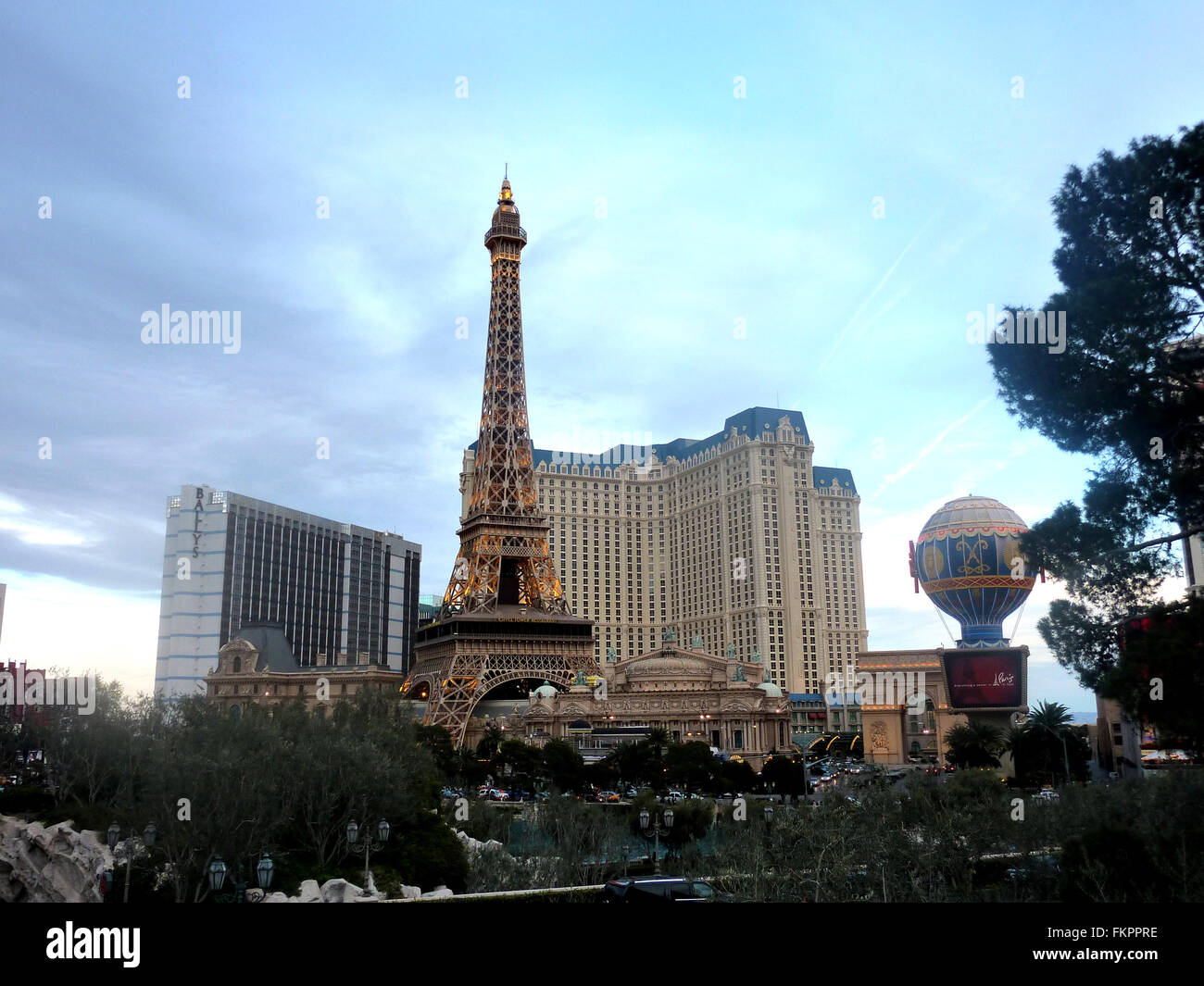 Paris Las Vegas Hotel and Casino, replica of Eiffel tower Ballys and Balloon seen from a distance during day time, Las Vegas Stock Photo