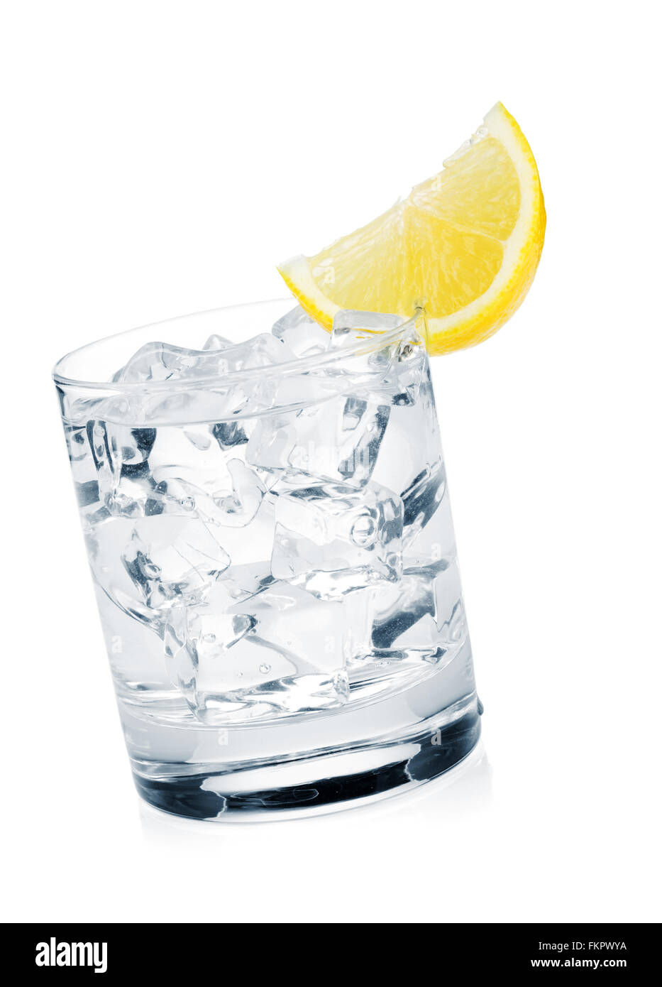 Glass of pure water with ice cubes and lemon slice. Isolated on white ...