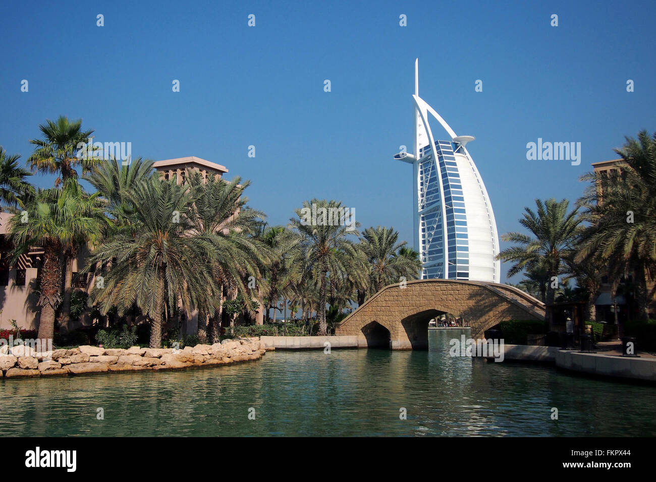 The Burj al Arab hotel as seen from the Souk Madinat Jumeirah in Dubai, United Arab Emirates Stock Photo
