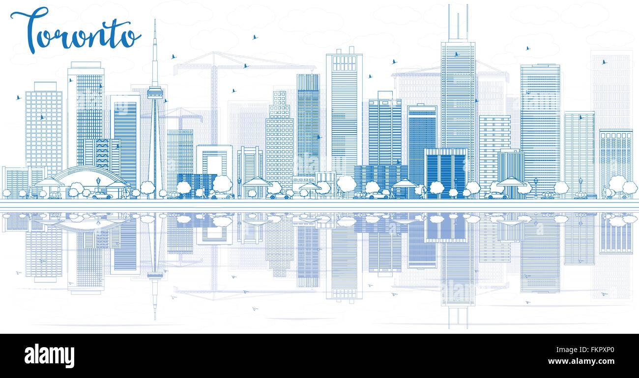 Outline Toronto skyline with blue buildings and reflections. Vector illustration. Business travel and tourism concept with place Stock Vector