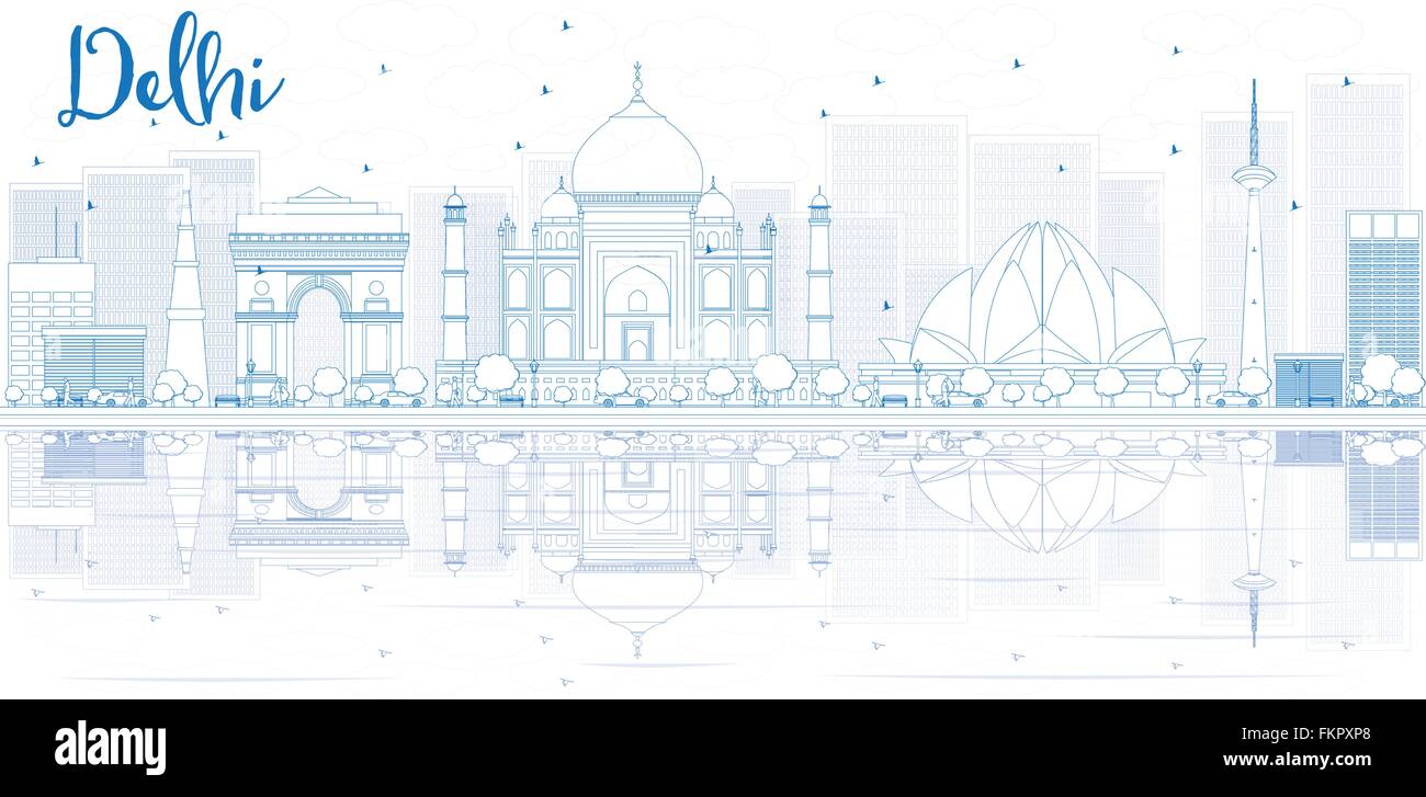 Outline Delhi skyline with blue buildings and reflections. Vector illustration. Business travel and tourism concept Stock Vector