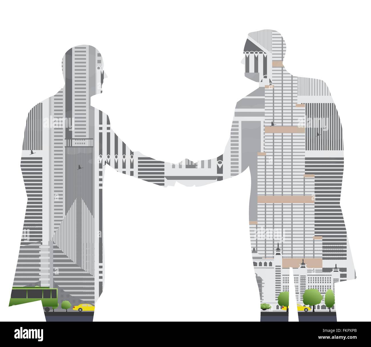 Double exposure handshake businessman on city skyline background. Vector illustration. Stock Vector
