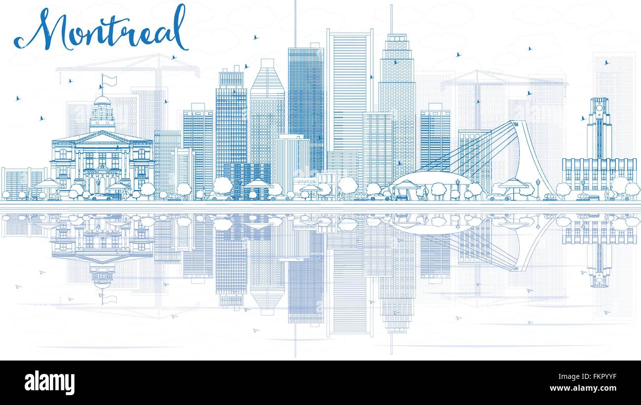 Outline Montreal skyline with Blue buildings and reflection. Vector illustration. Business travel and tourism concept Stock Vector