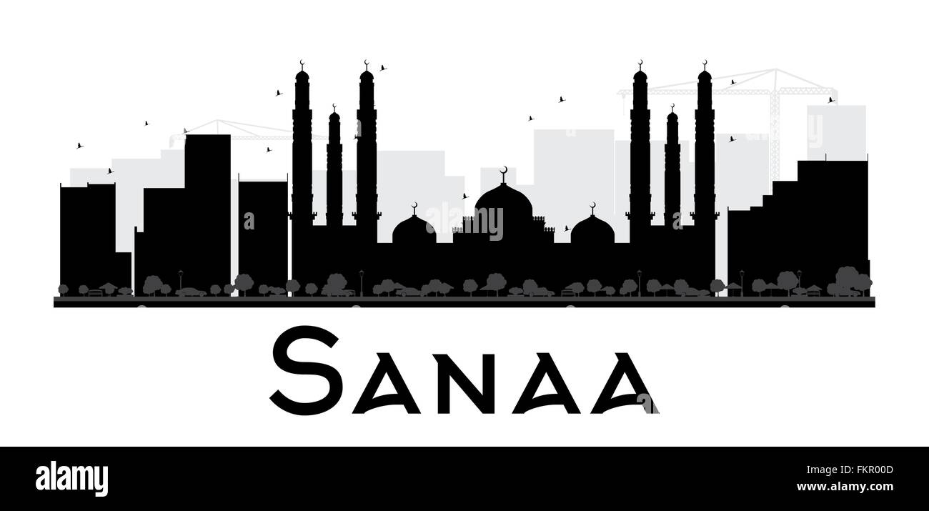 Sanaa City skyline black and white silhouette. Vector illustration. Simple flat concept for tourism presentation, banner Stock Vector