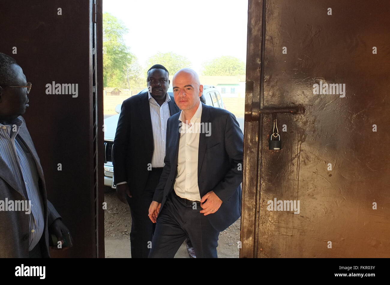 Juba, South Sudan. 5th Mar, 2016. FIFA president GIANNI INFANTINO visits Juba stating he will develop the football in South Sudan, as position of (FIFA) president. The Swiss Italian Gianni who was accompanied by the former Cameroonian National football player Geremi Njitap said he will put the subject of football development, especially the women in south Sudan for his consideration, he added South Sudan is a sample of FIFA. © Samir Bol/ZUMA Wire/ZUMAPRESS.com/Alamy Live News Stock Photo