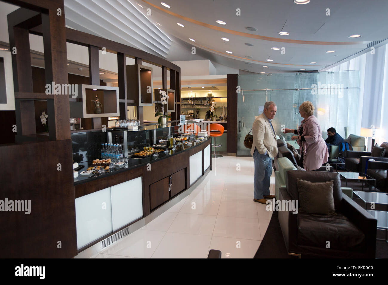 UK, England, Manchester Airport, Etihad Airline Business Class Lounge Stock Photo