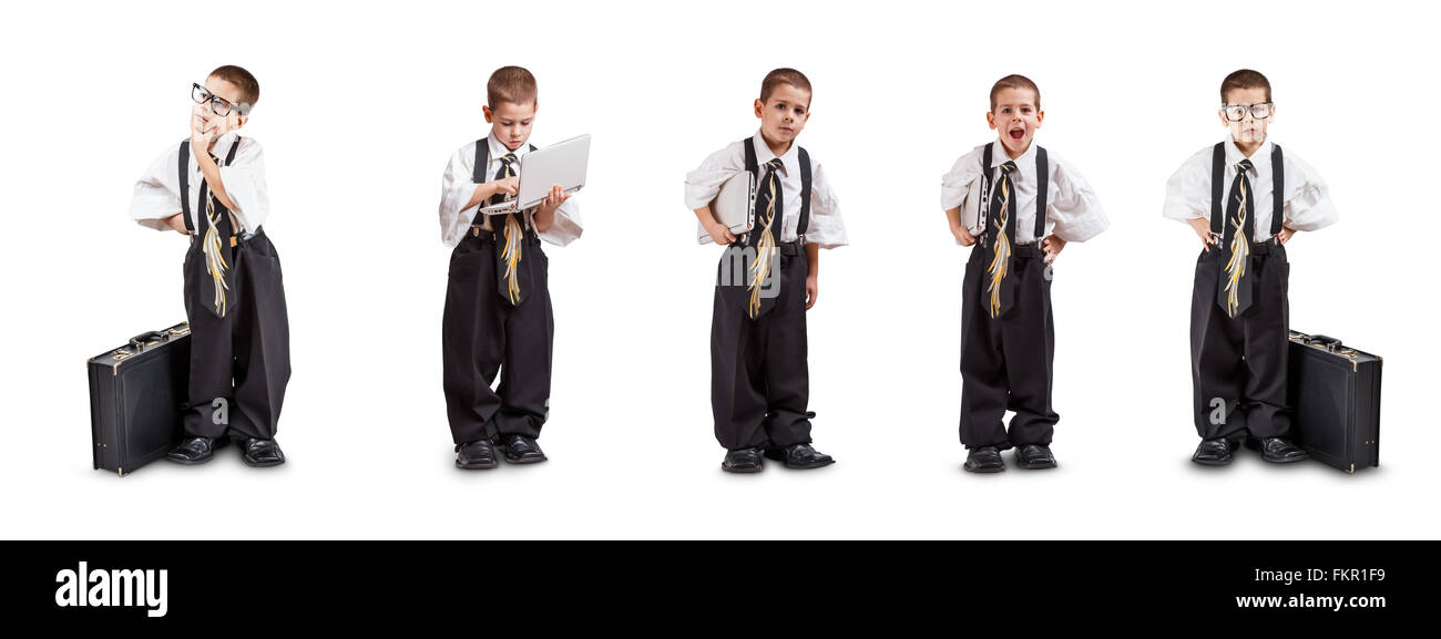 Different pose of a little boy in oversized business suit Stock Photo