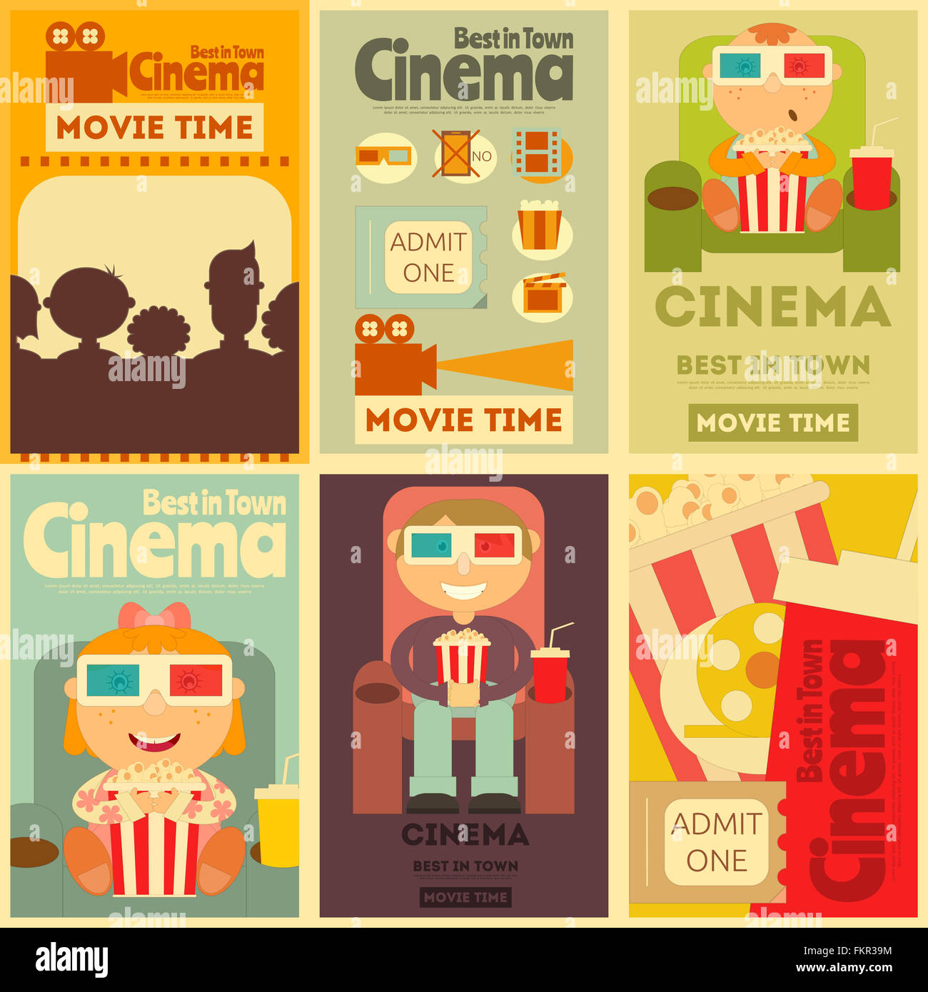 Cinema Mini Posters Set. Movie Collection Placards in Retro Style. People Watch Movies. Stock Photo