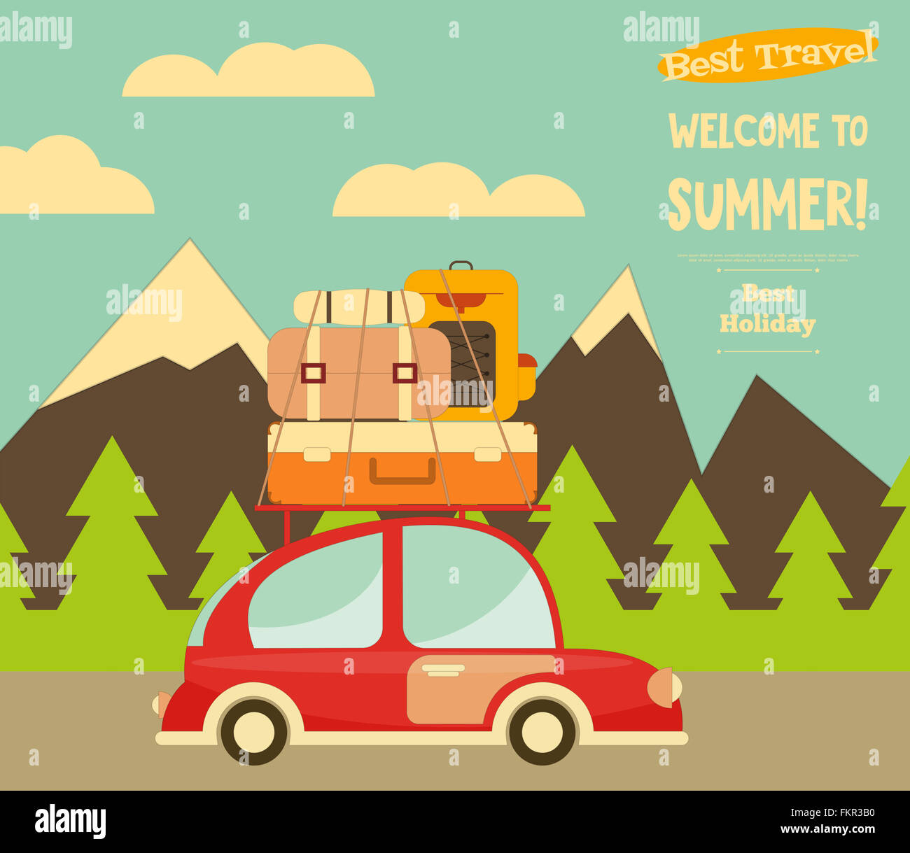 Retro Car with Luggage on Roof. Travel Car. Mountain Landscape Stock ...