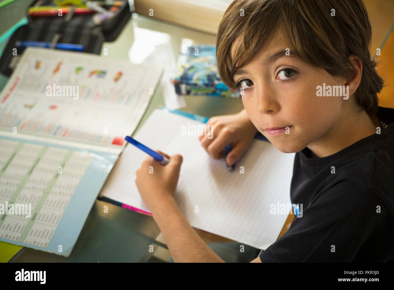 Caucasian boy doing homework Stock Photo