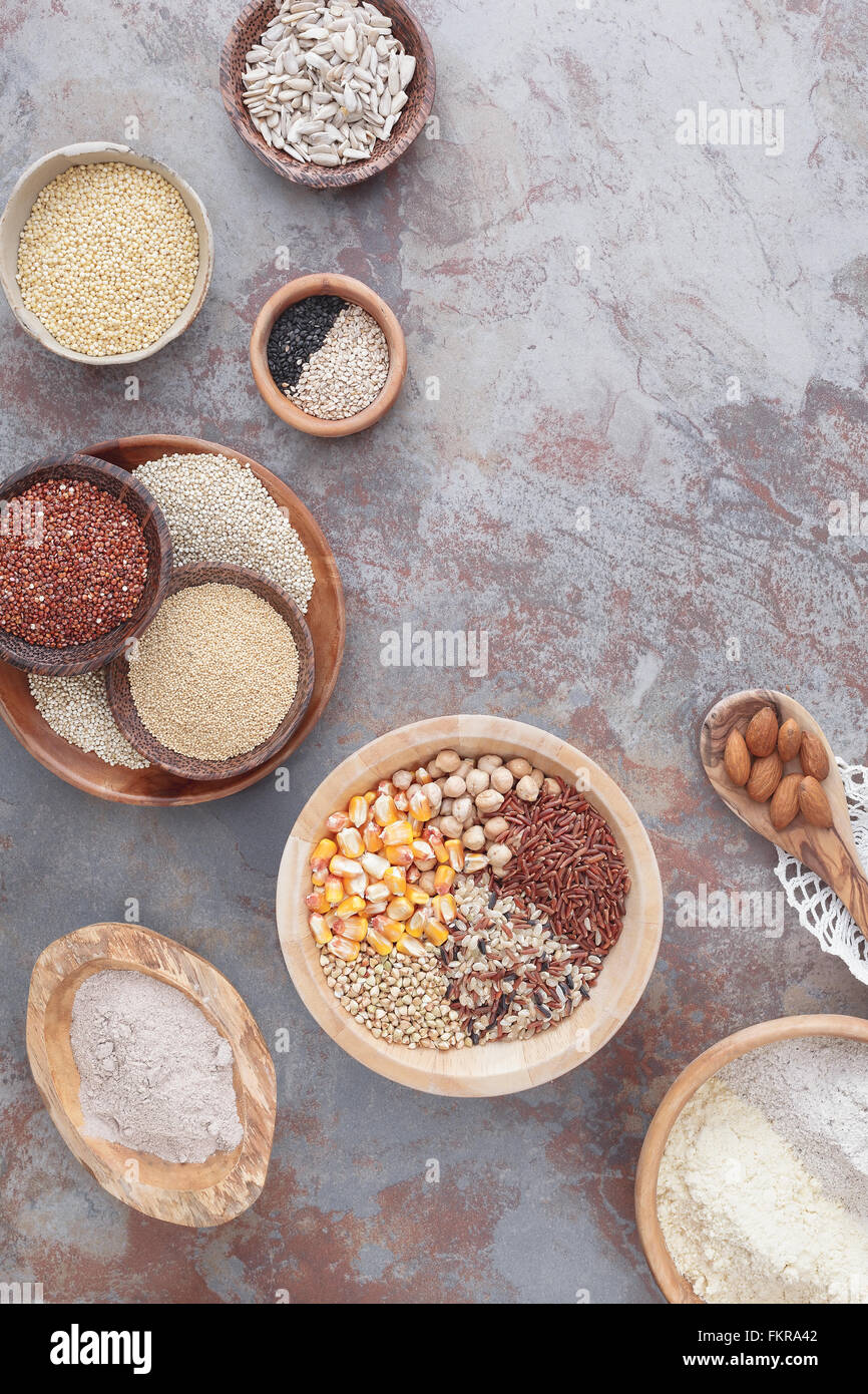 Gluten free grains and flours. Assorted gluten free grains in various ...
