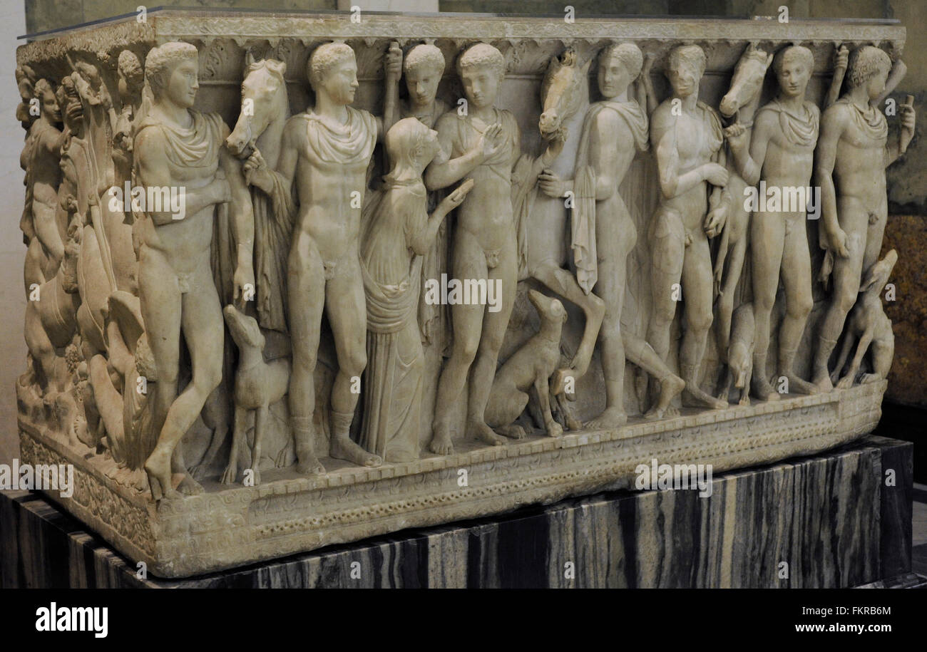 Roman art. Sarcophagus. The story of Hippolytus. Late 2nd century AD. Marble. The State Hermitage Museum. Saint Petersburg. Russia. Stock Photo