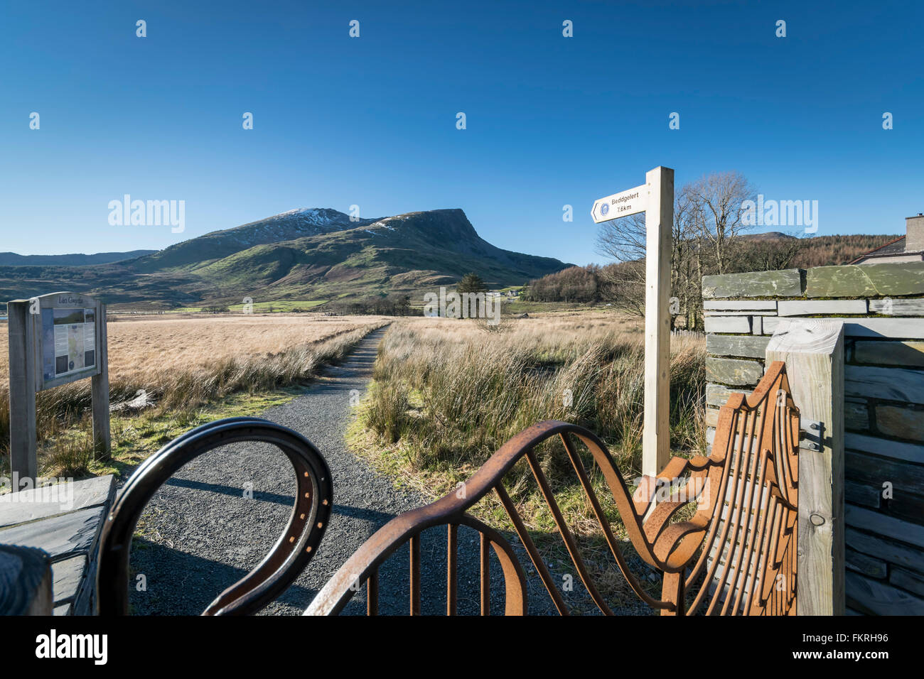 Lon Gwyrfai cycle, walking and horse track crossing the Lyn y Gadder sssi site from Rhyd-ddu to Bedgelert in Snowdonia Stock Photo