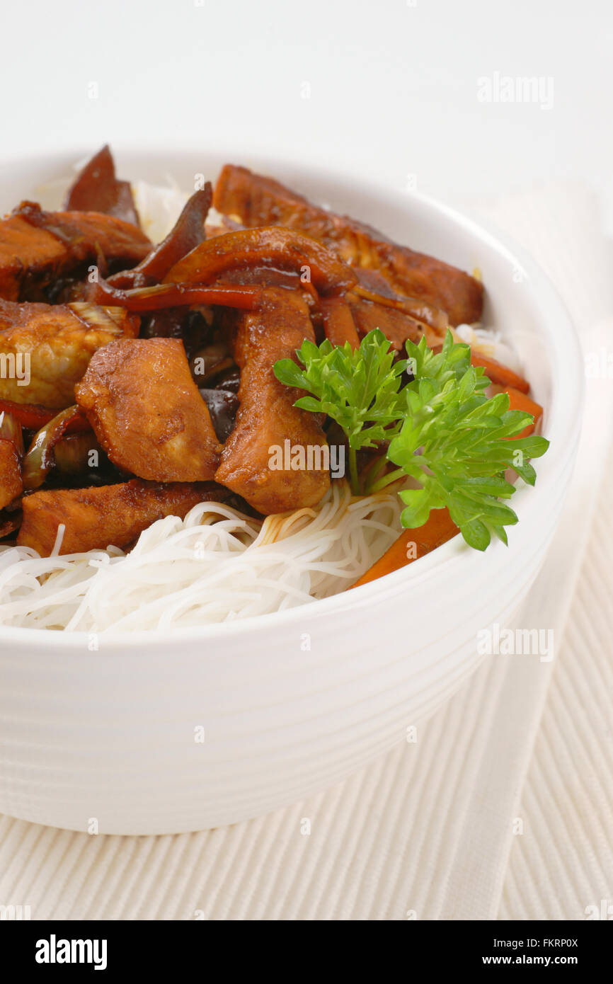 Asian rice noodles with oyster mushrooms hires stock photography and