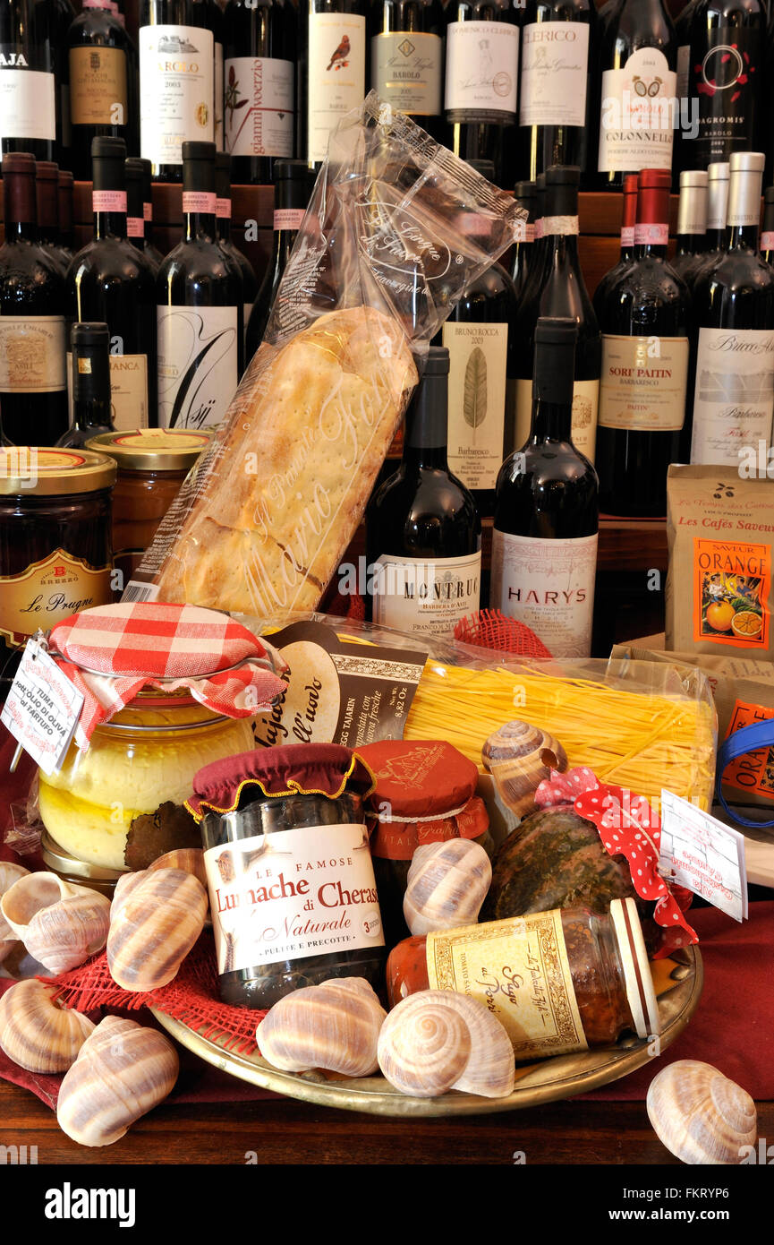 Piedmont Cherasco store of typical products " La Lumaca " In Via Cavour 8, Lingue di Suocera, Slugs Cherasco ,sauce with leeks, Tajarin to egg, Tuma in Oil Truffle Stock Photo