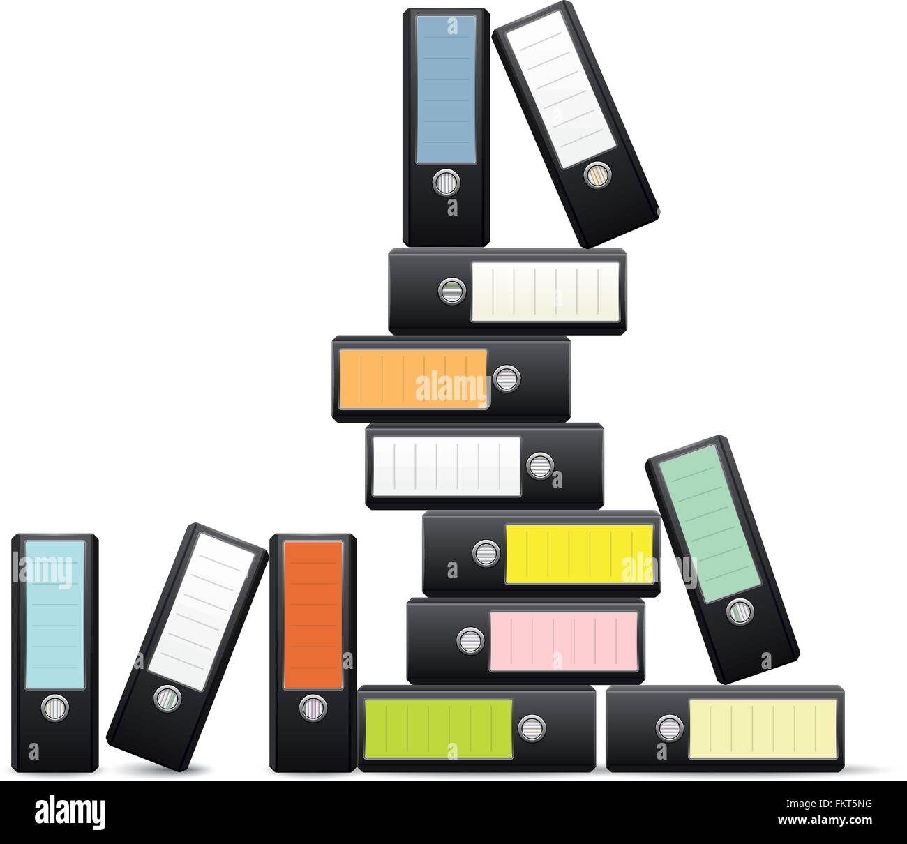 Ring binders with colored labels piled up in disorder Stock Vector