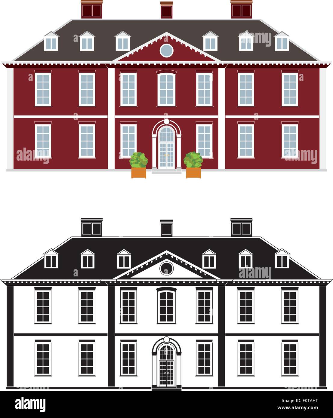Mansion in 18th century Queen Anne style, color and black monochrome version on different layers Stock Vector