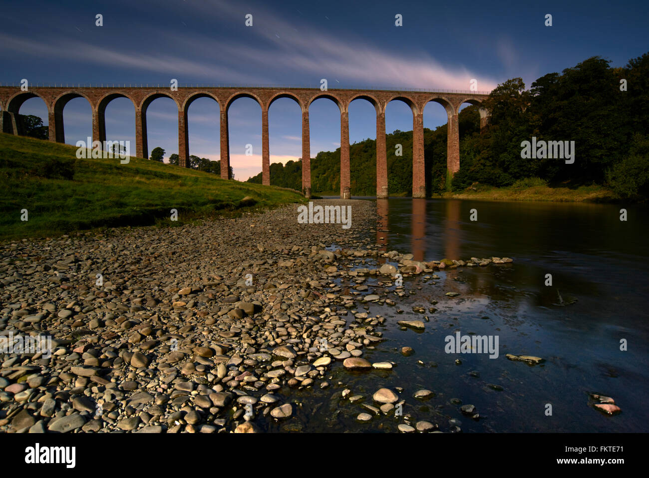Leaderfoot Viaduct by the light of a super moon. Used as movie location on Indiana Jones 5. Stock Photo