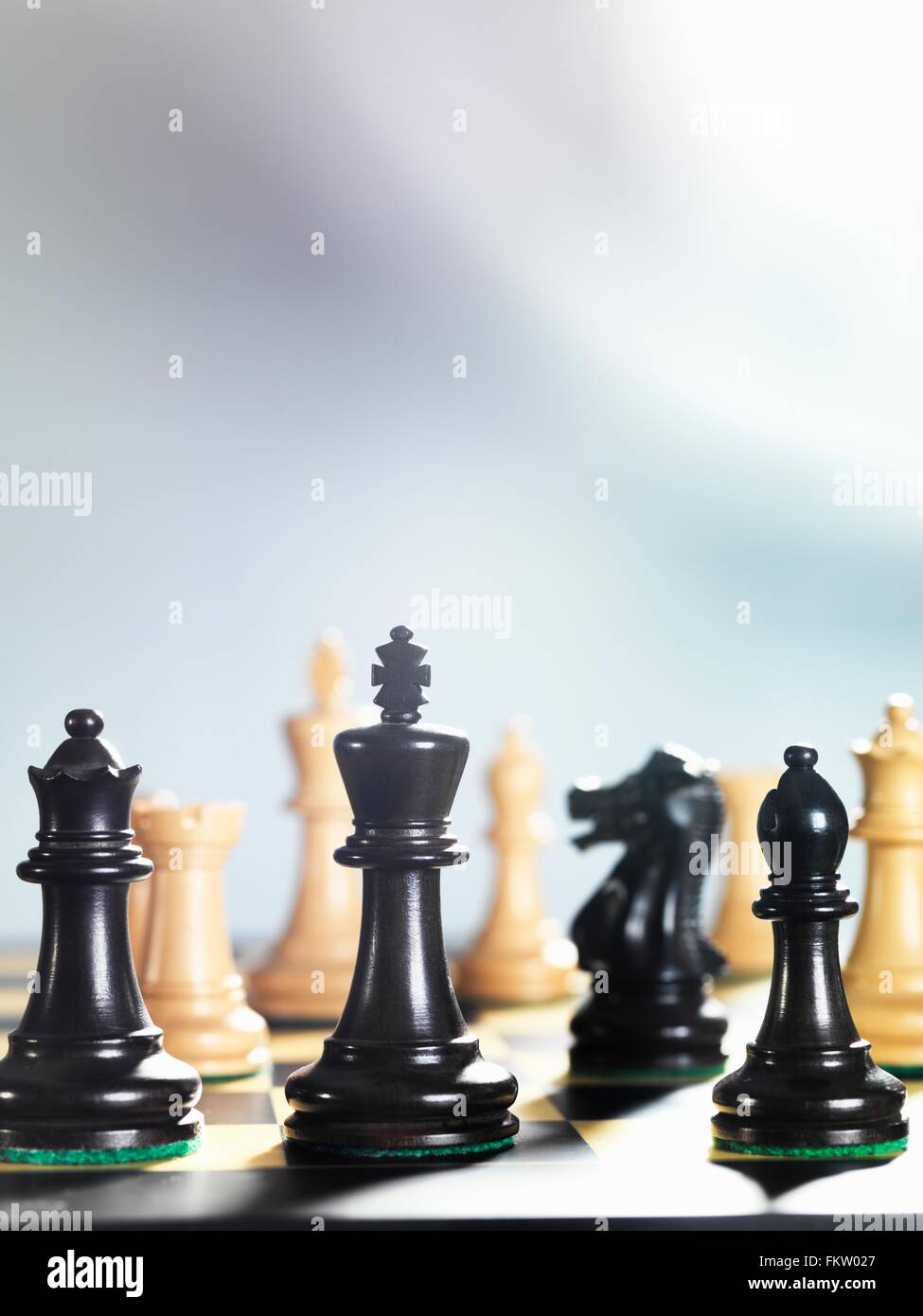 Foreground focus close up of chess game and chess pieces Stock Photo