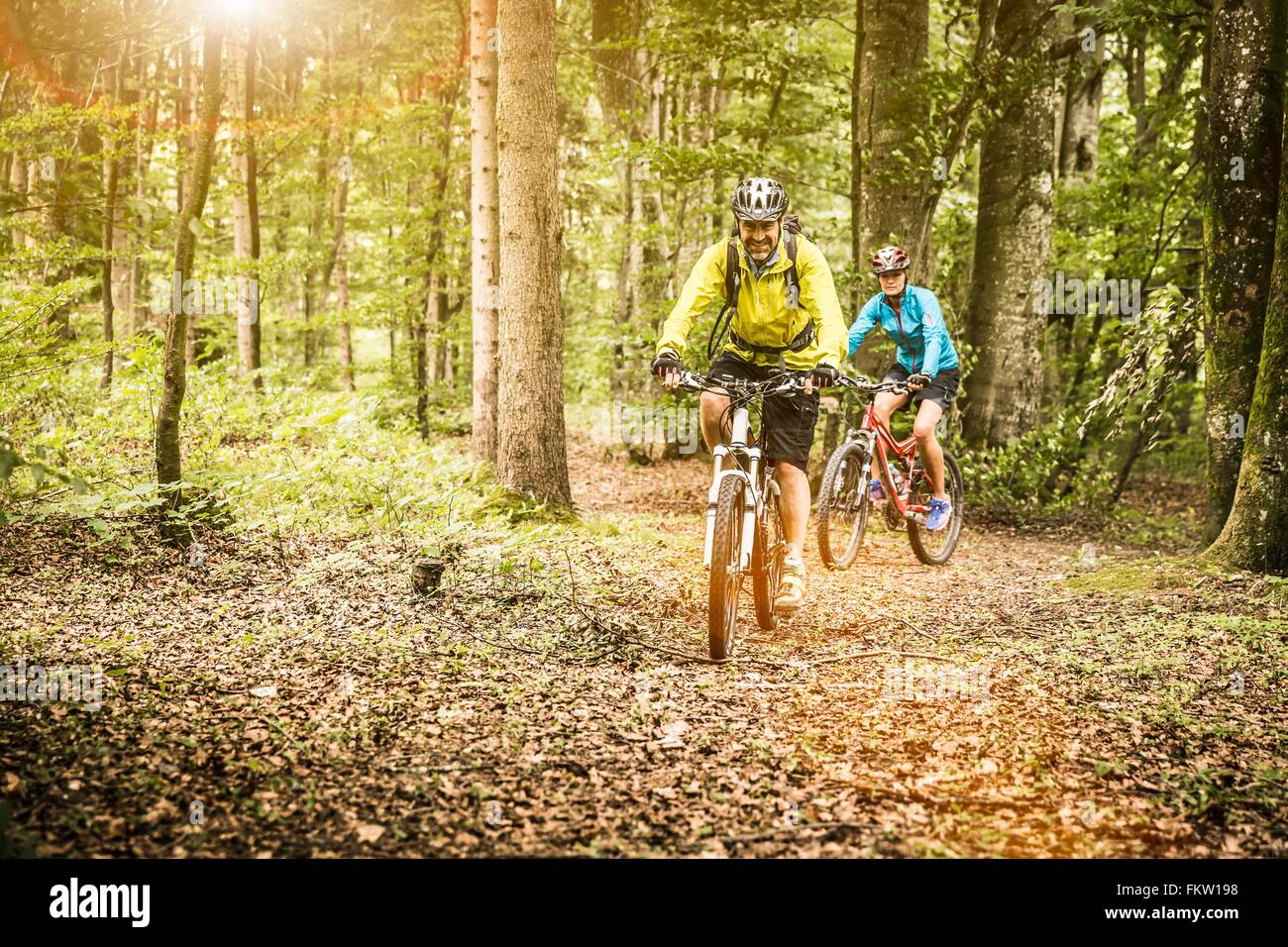 Mature mountain biking couple cycling on forest trail Stock Photo