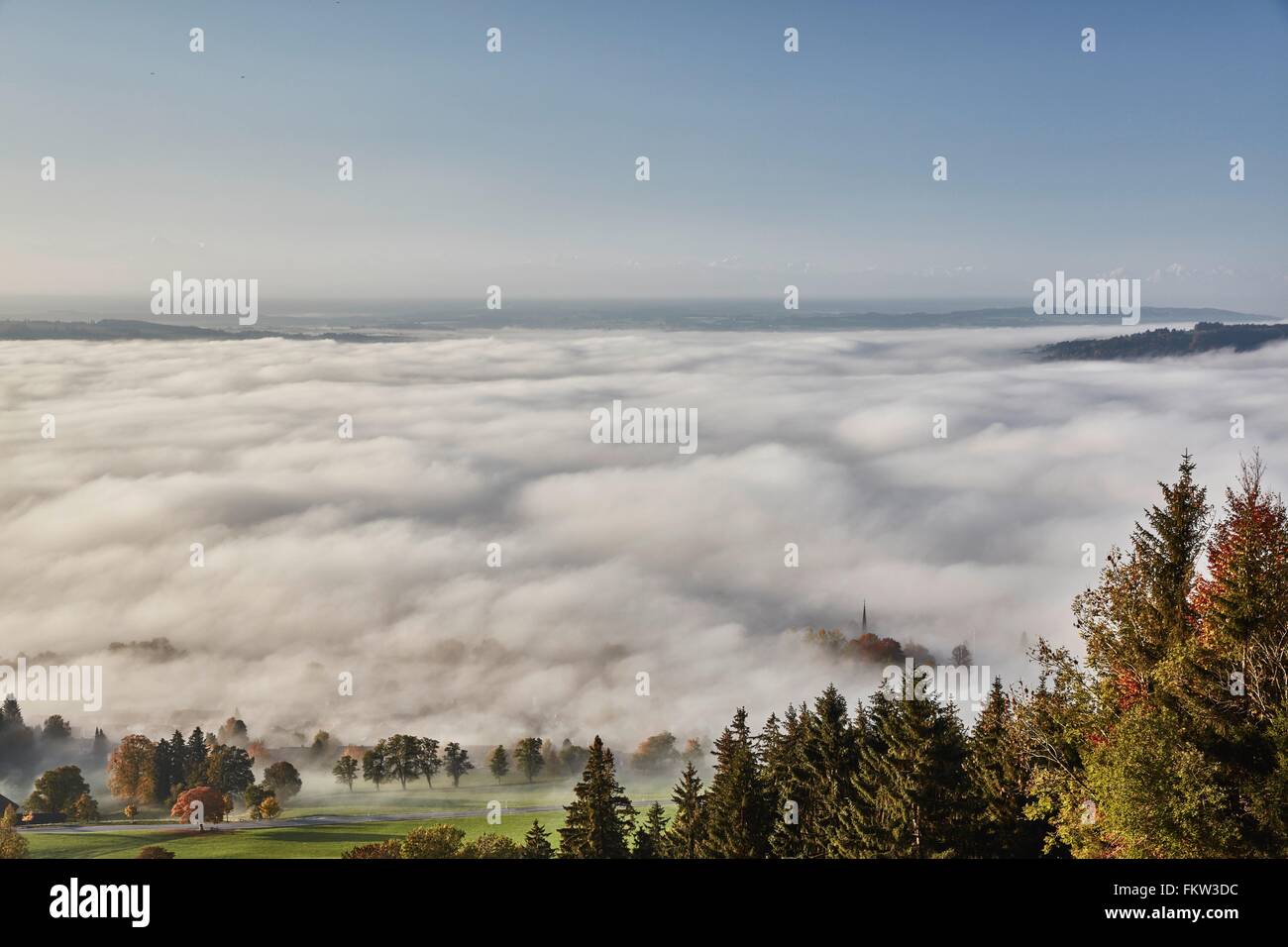 High angle view of mist lying in valley, Hoher Peissenberg, Bavaria, Germany Stock Photo