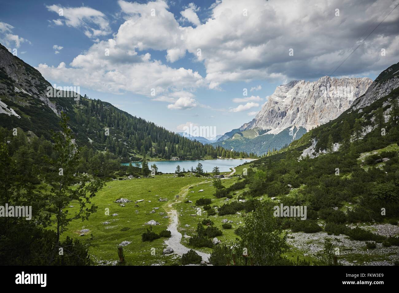 Elevated view of Seebensee lake and Zugspitze mountain, Ehrwald, Tyrol ...