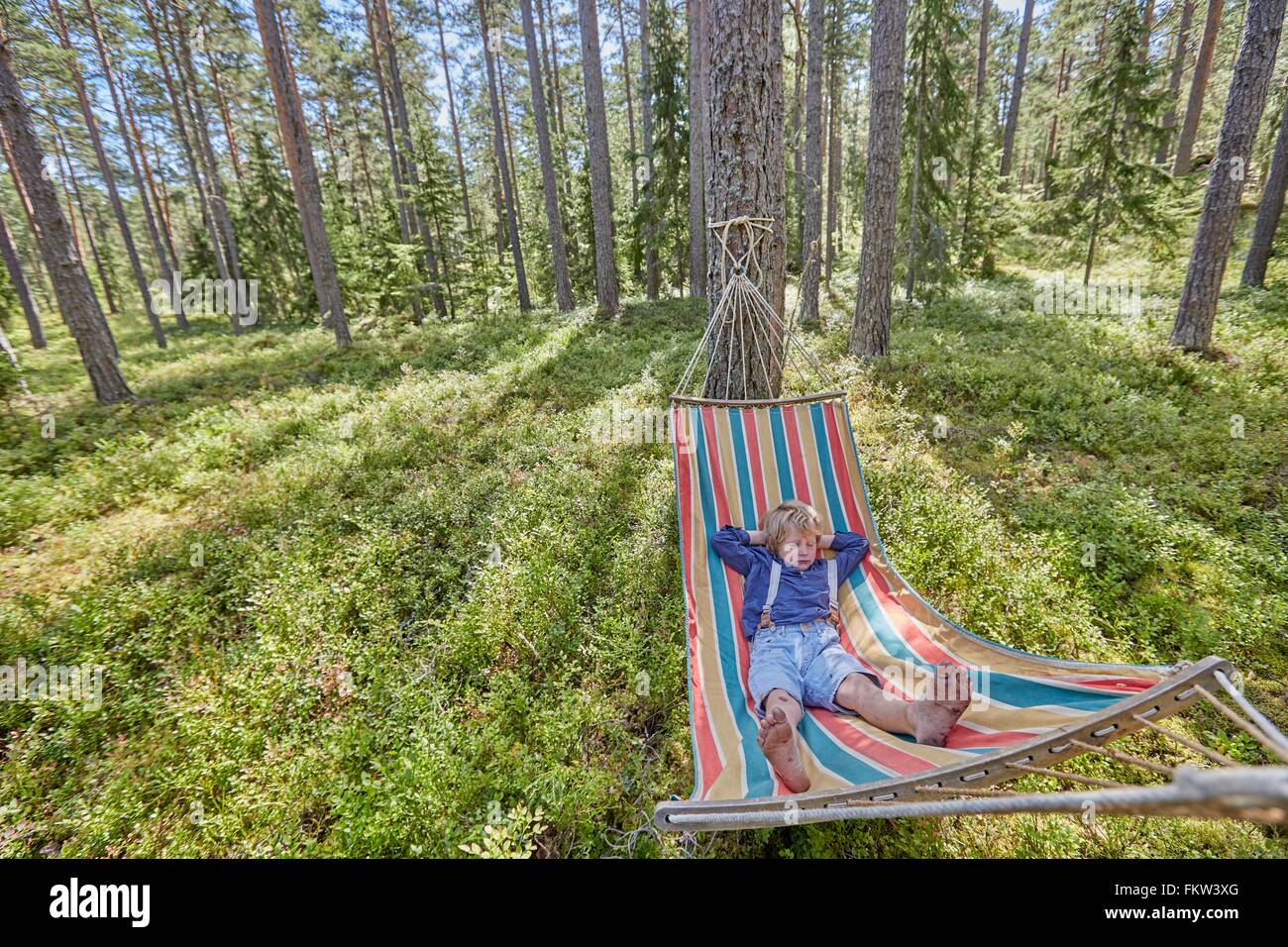 Boy dressed in retro clothing asleep on forest hammock Stock Photo