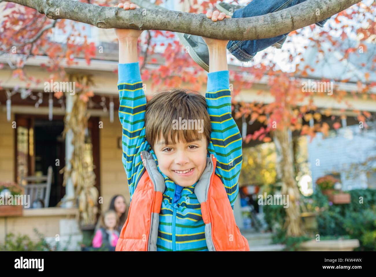 Boy hanging on branch Stock Photo