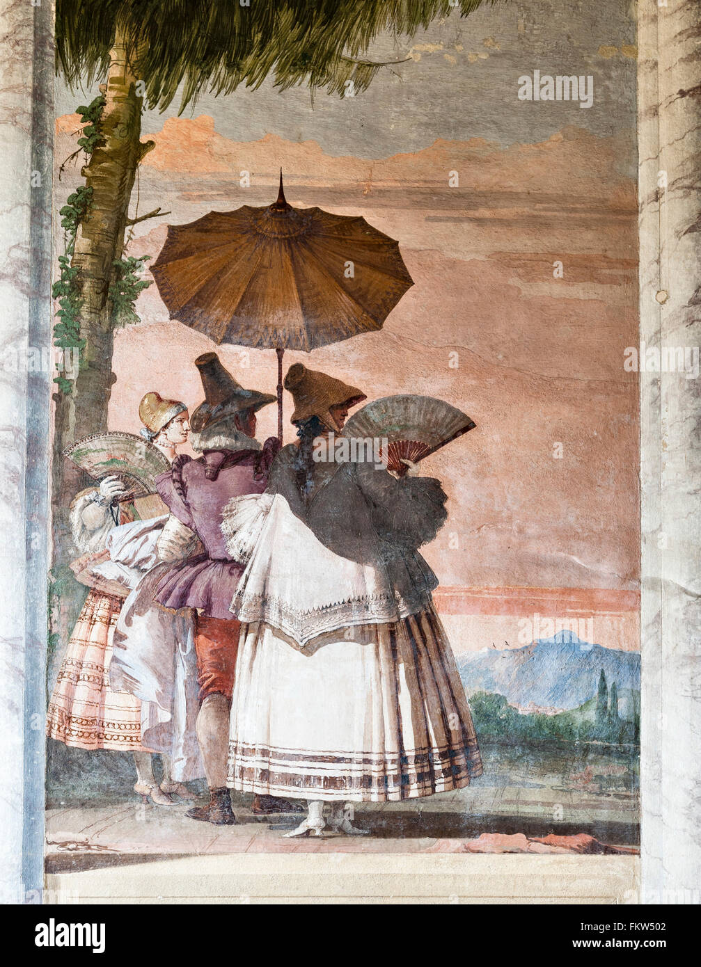 Villa Valmarana ai Nani, Italy. Fresco by Giandomenico Tiepolo in the Foresteria (guesthouse). Summer Stroll (detail) Stock Photo