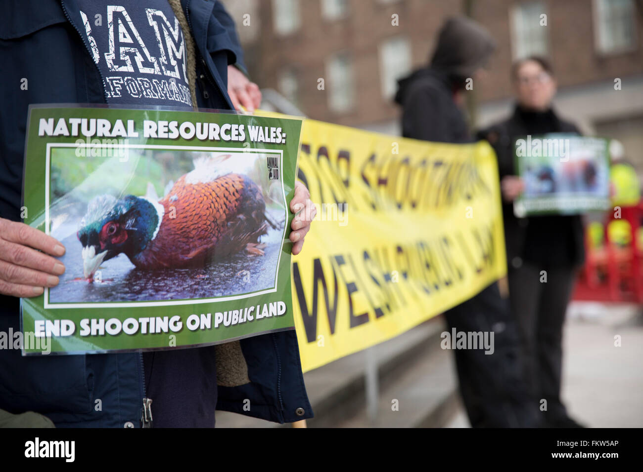 Campaigners from Animal Aid hold a protest outside the offices of Natural Resources Wales, in Cardiff, over the lease of public land for the shooting of pheasants and other birds Stock Photo