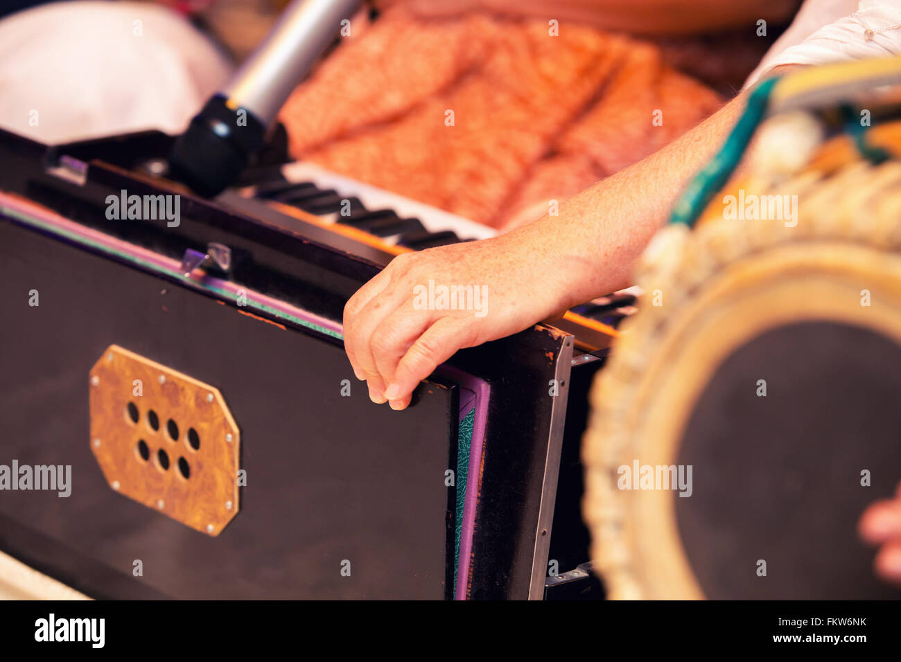Indian harmonium, a traditional wooden keyboard instrument Stock Photo