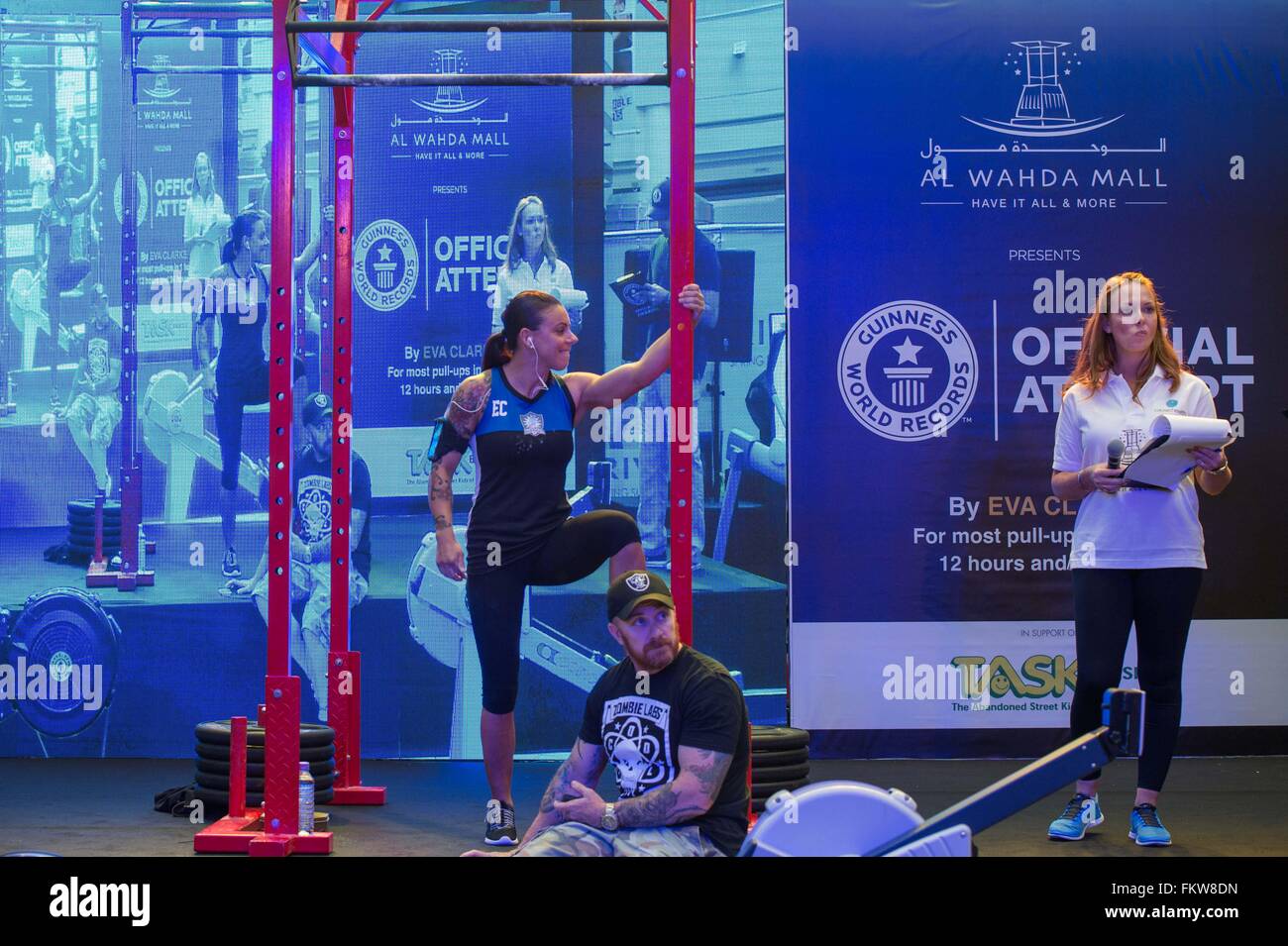 Abu Dhabi, UAE. 10th Mar, 2016. Australian Eva Clarke just before  commencing her Guinness World Record attempt at the most pull ups in 1  hour, 12 hours and 24 hours in Al