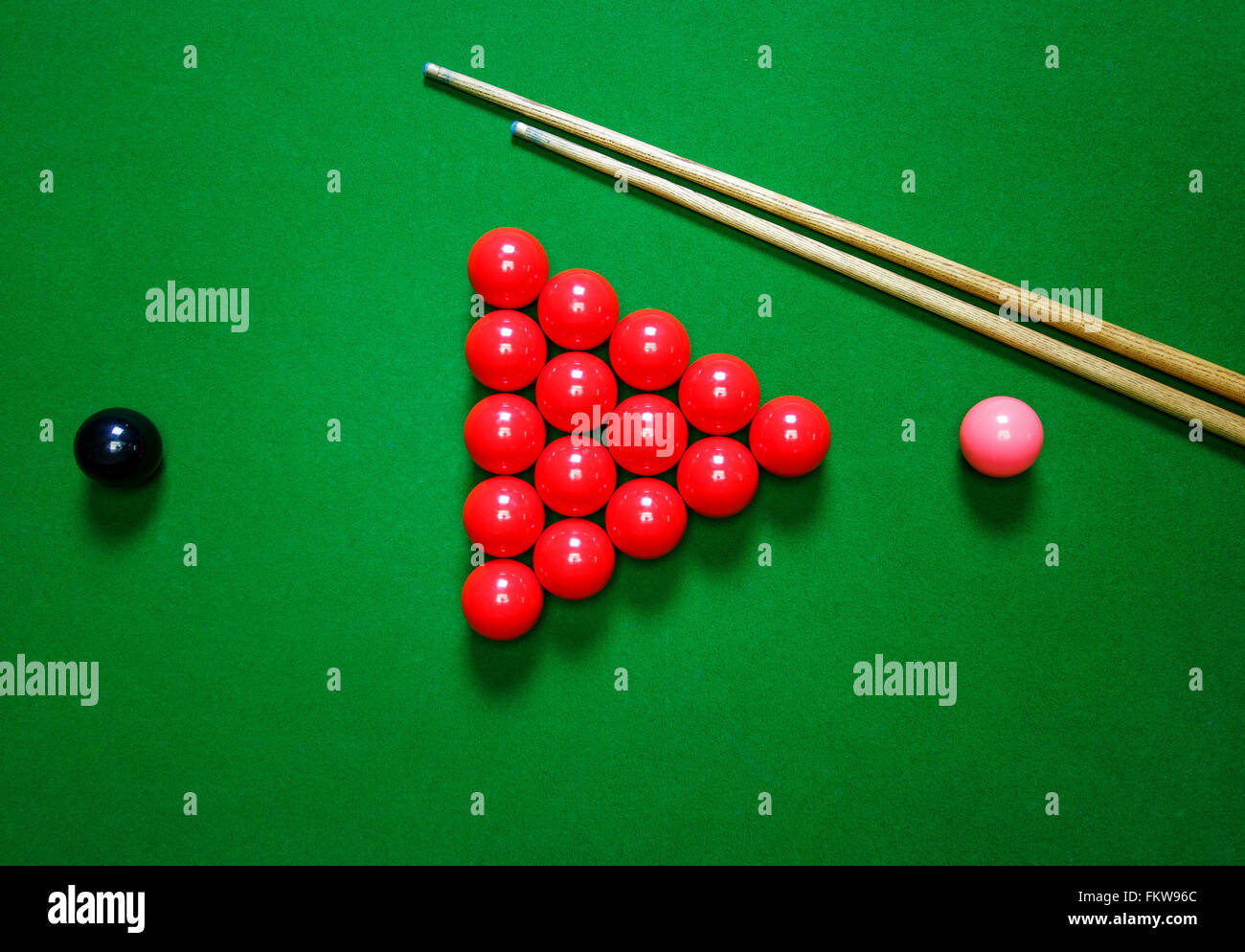 snooker balls set on a green table Stock Photo