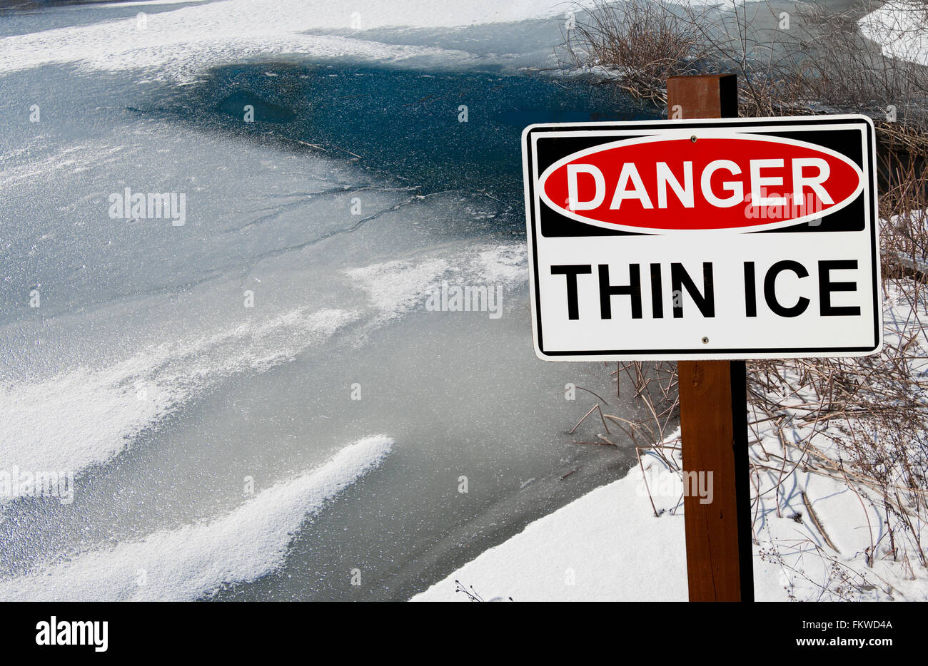 Thin Ice Warning Sign Stock Photo