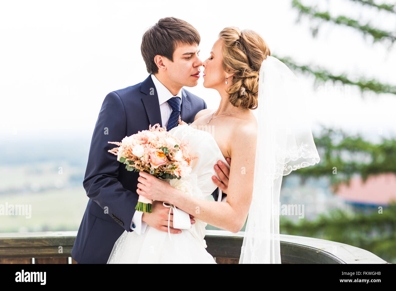 Wedding, Beautiful Romantic Bride and Groom Kissing Stock Photo - Alamy