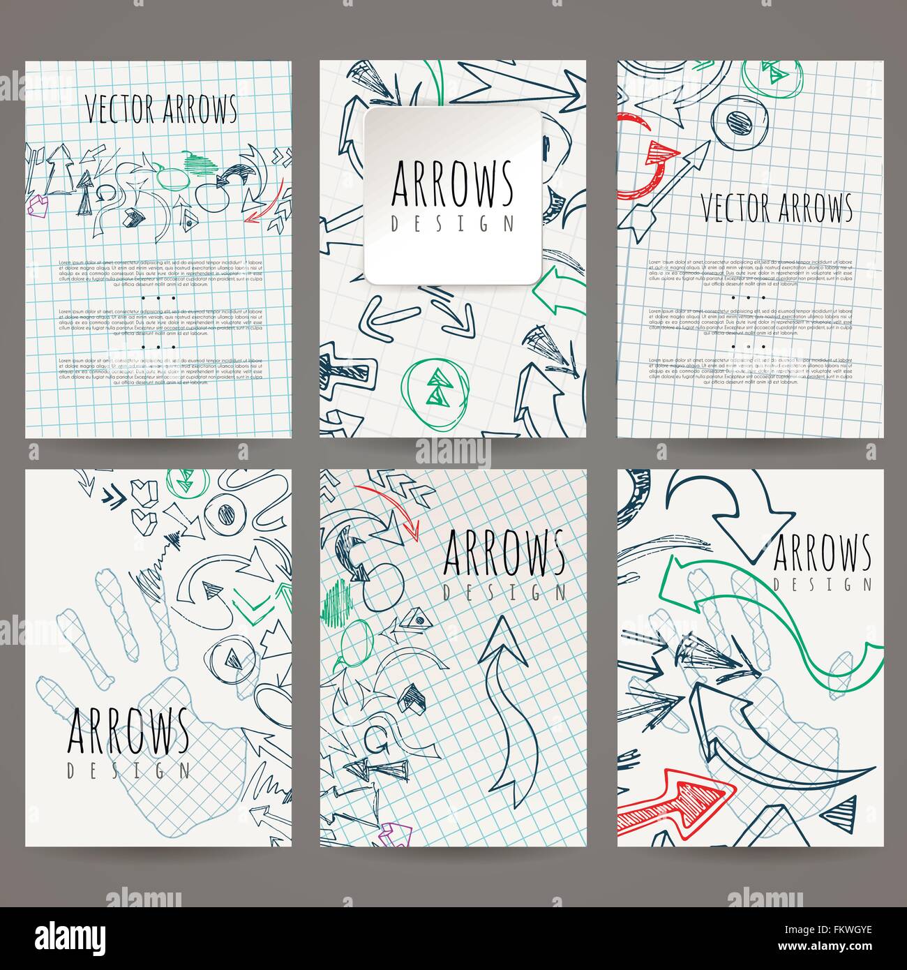 Set of six vector designs of handdrawn arrow. Cover design, brochures