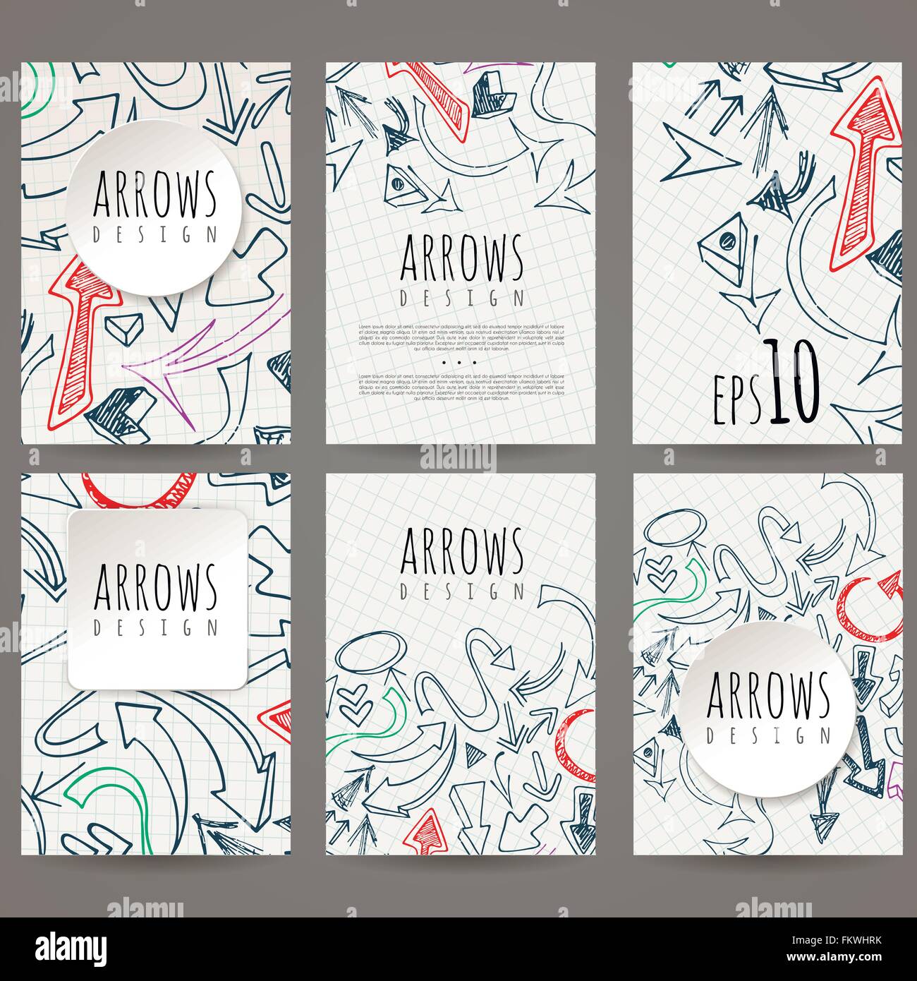 Set of six vector designs of handdrawn arrow. Cover design, brochures