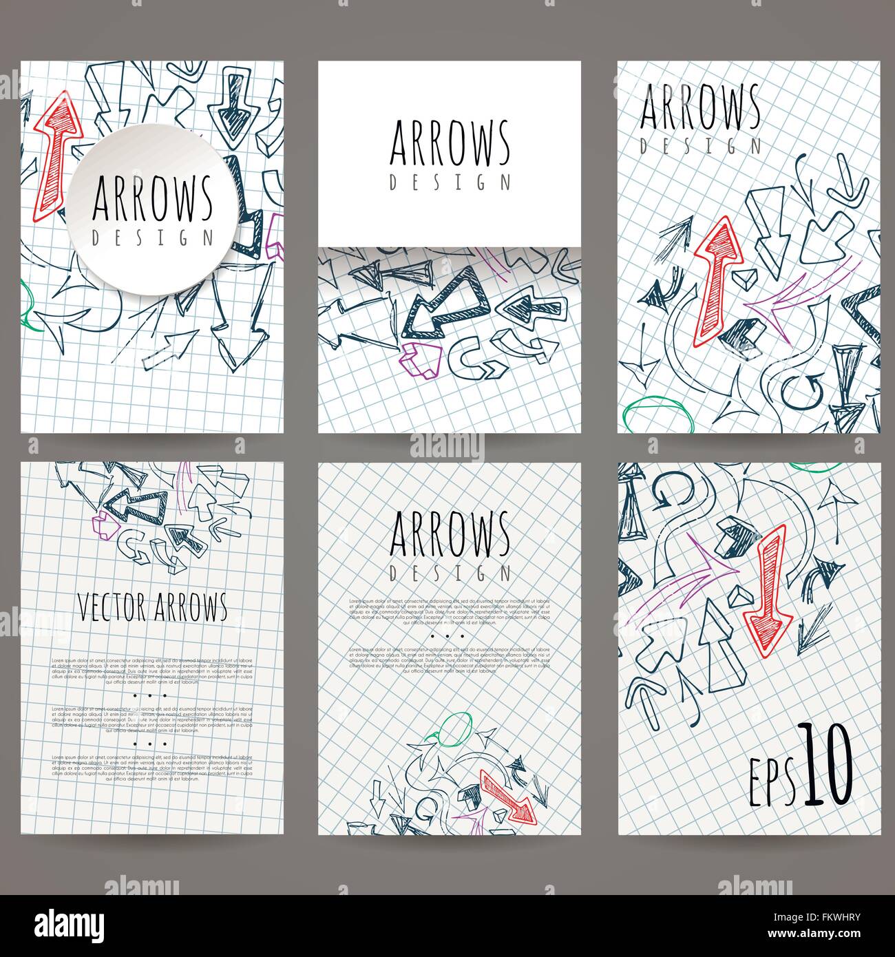 Set of six vector designs of handdrawn arrow. Cover design, brochures