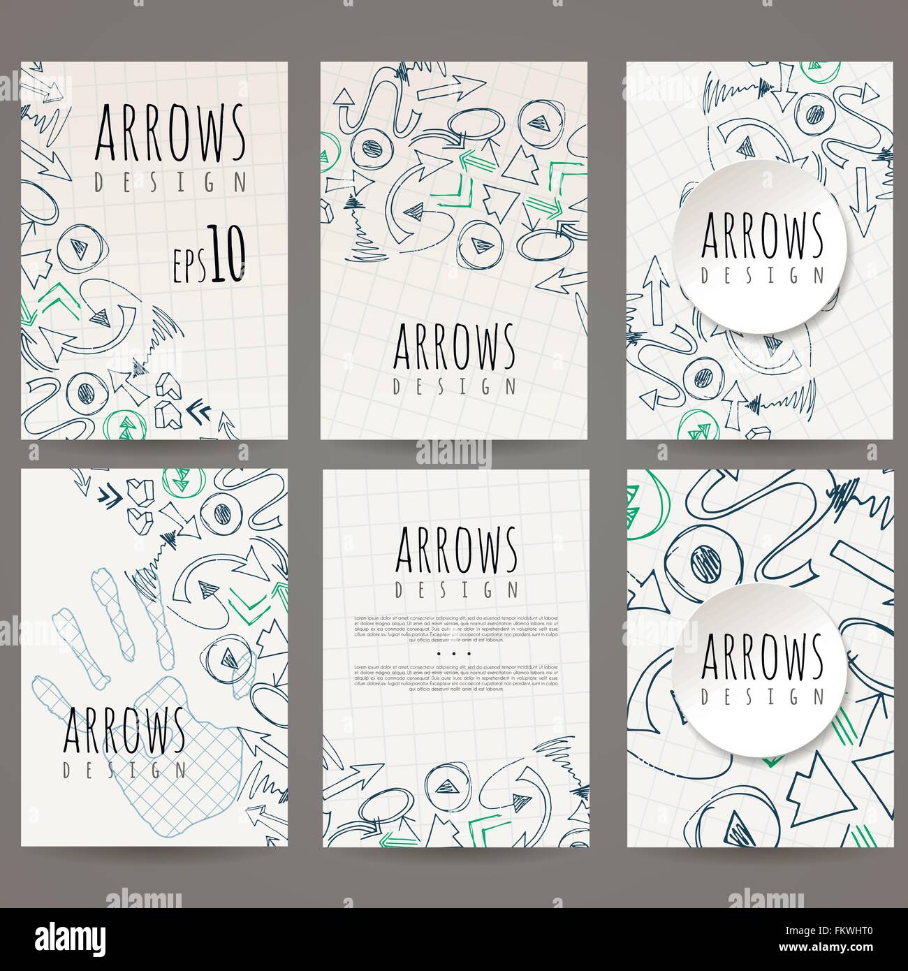 Set of six vector designs of handdrawn arrow. Cover design, brochures