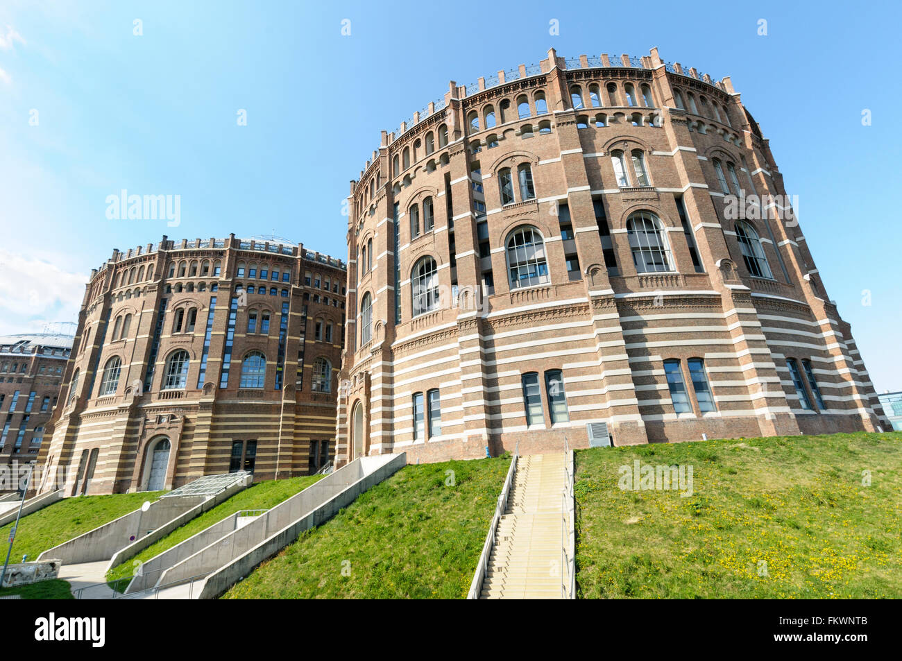 The gasometers of the former Vienna municipal gas works Gaswerk Simmering in  Vienna Stock Photo