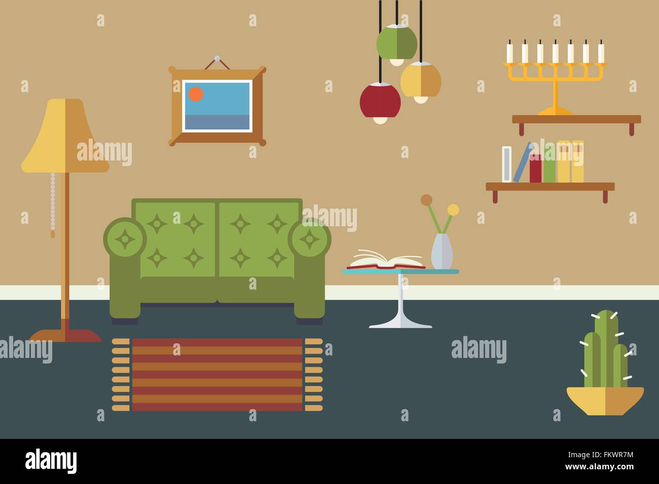 Retro styled flat design living room interior Stock Vector Image & Art ...