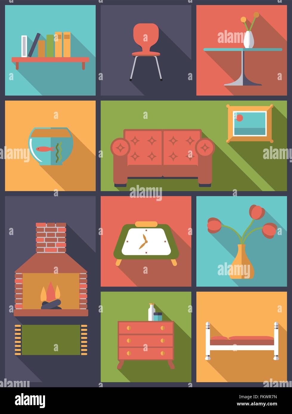 Vertical flat design illustration with various interior, furniture and ...