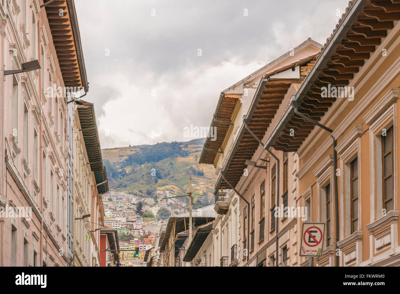 Low angle view of colonial classic style buildings at the historic center of Quito in Ecuador. Stock Photo