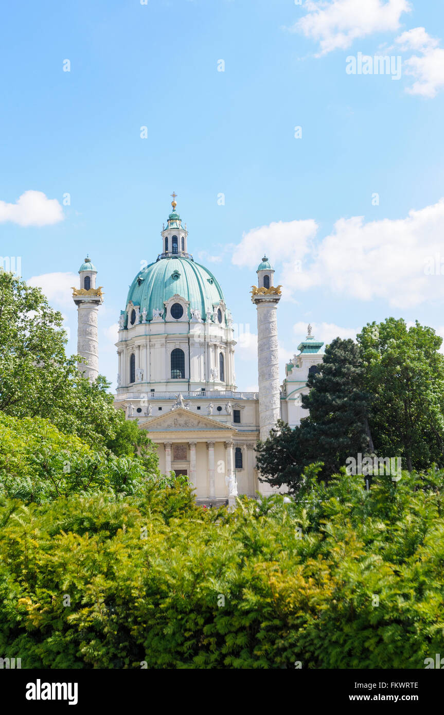 The tower and copper-covered dome of the Baroque style Karlskirche (St Charles's church, Karlsplatz, Vienna, Austria Stock Photo